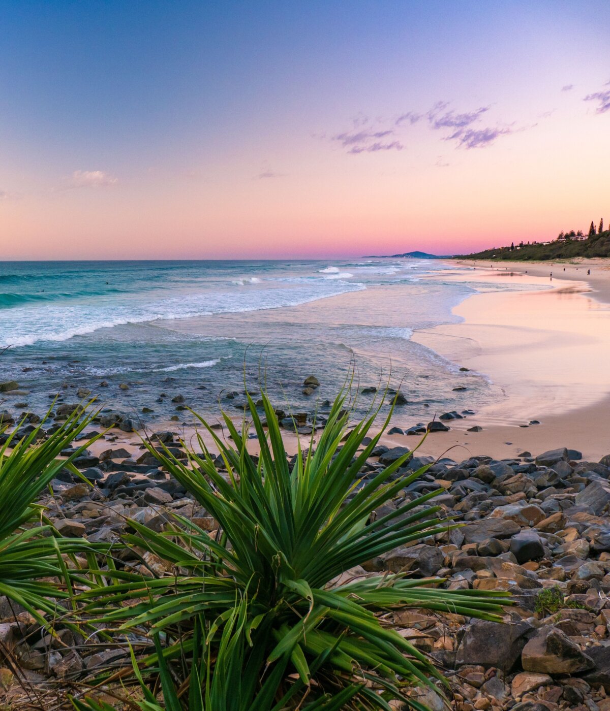 A scenic view of Sunshine Beach in Noosa, Queensland, Australia, at sunset or sunrise, featuring waves crashing on a rocky and sandy shore, with lush coastal vegetation in the foreground and distant hills under a vibrant pink and blue sky.